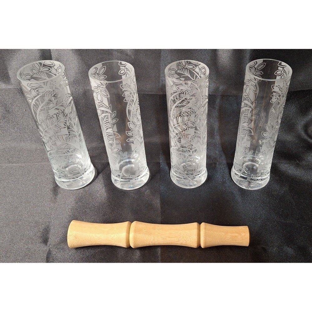 Tommy Bahama Mojito Glassware Set 4 Etched Highball Glasses & Wooden Muddler Box